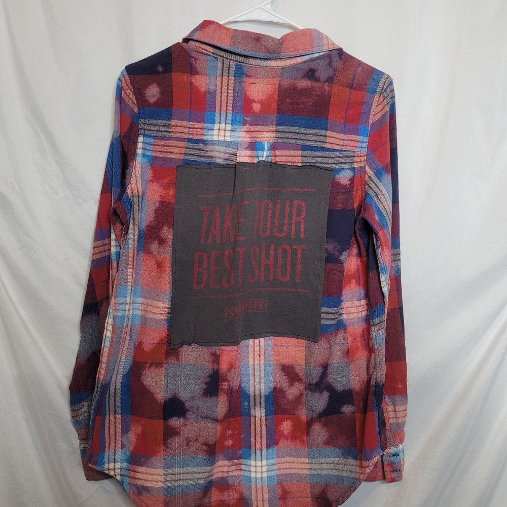 Smirnoff Vodka Shot Upcycle Flannel Shirt Bleached Red Plaid Size Med